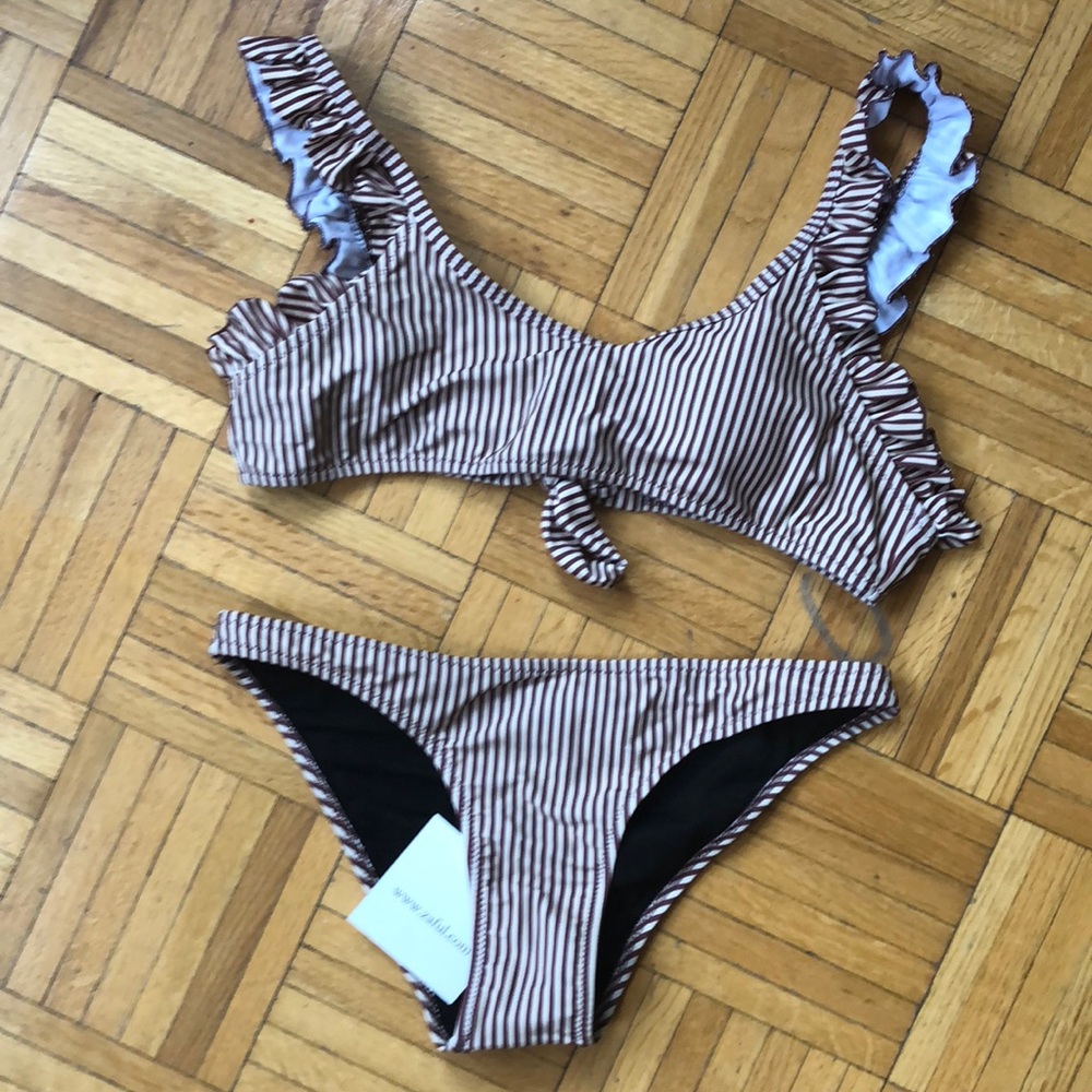 Striped 2 piece swimsuit with ruffles.